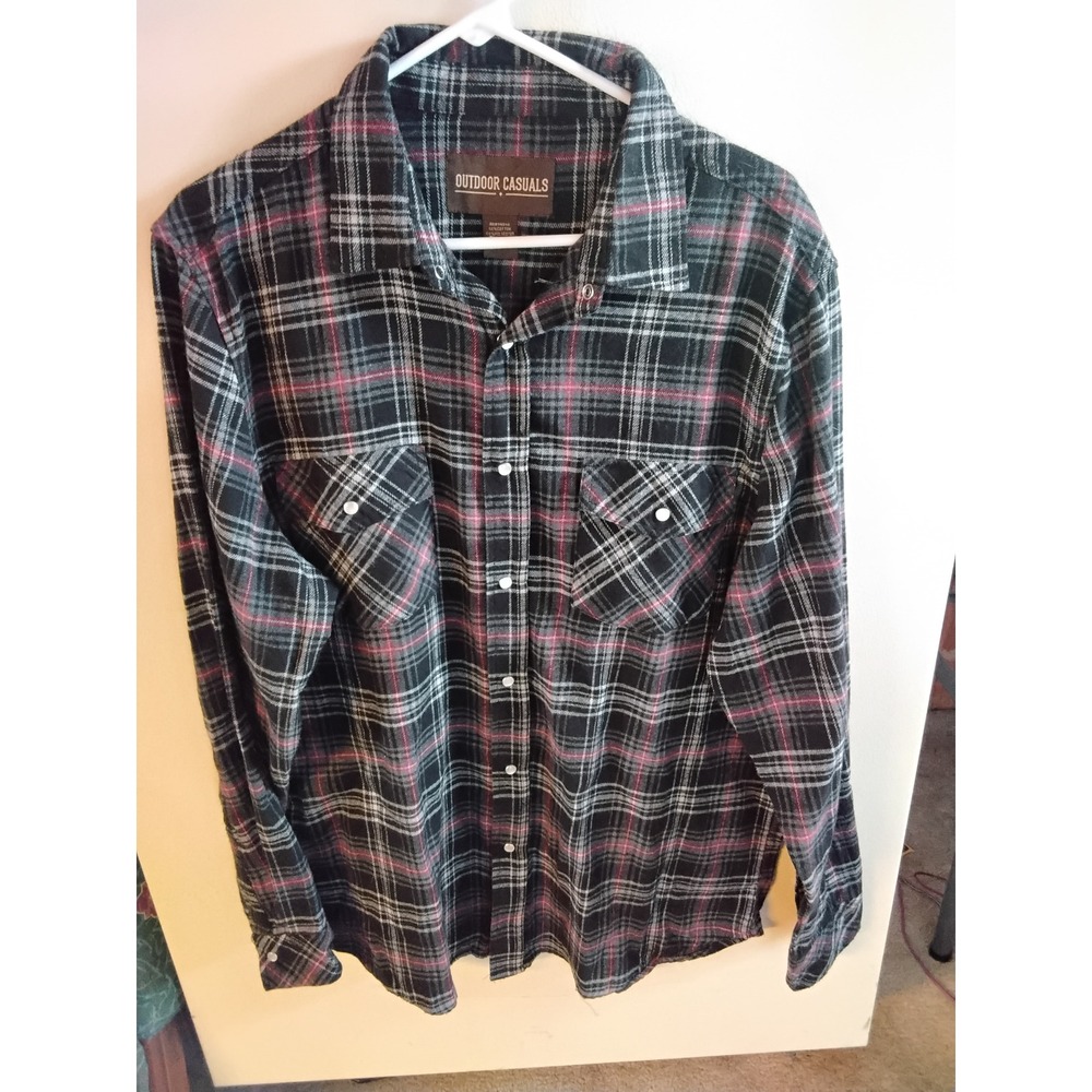 Outdoor Casuals Mens Large Plaid Pearl Snap Western Shirt Black Red Long Sleeve